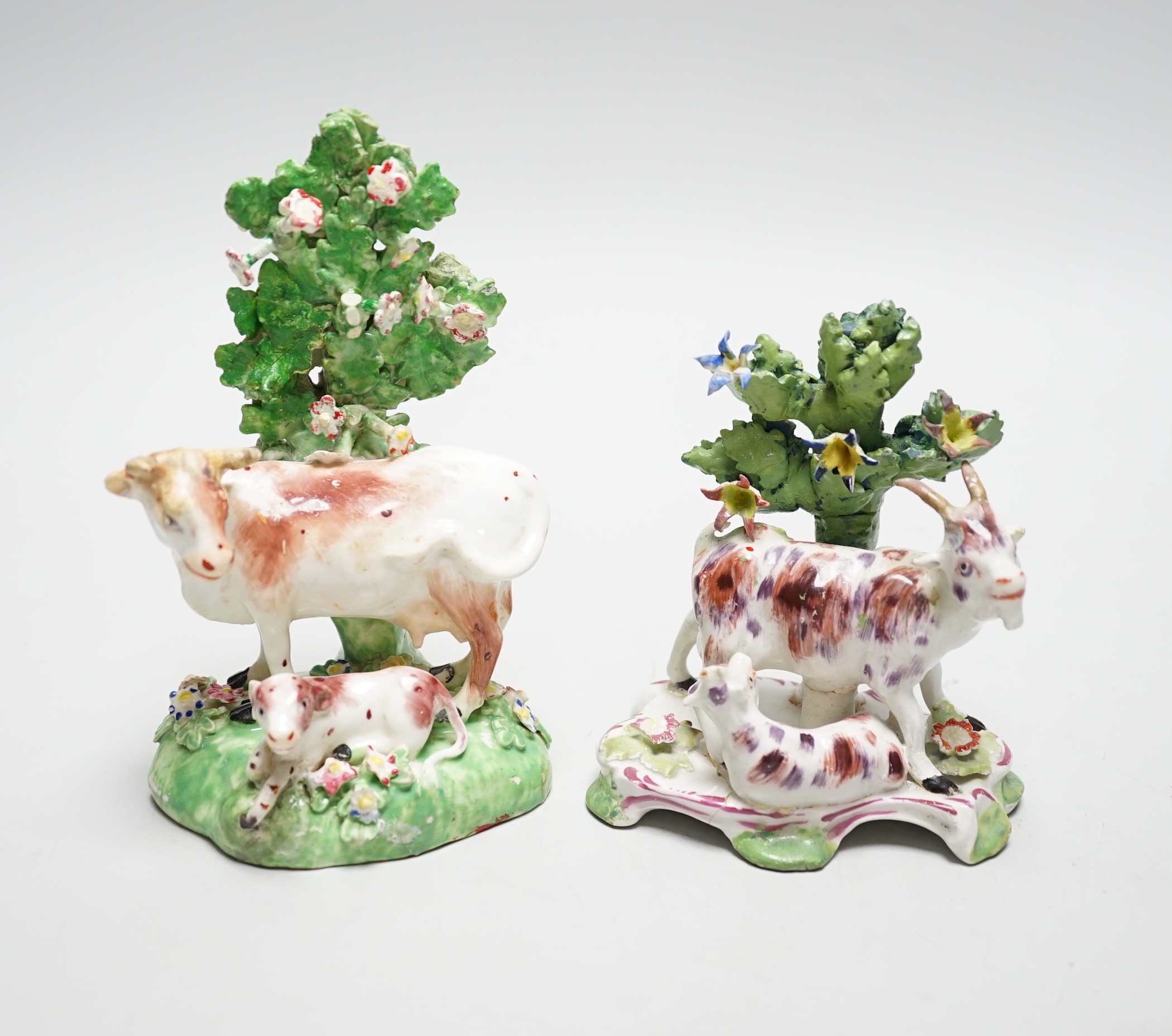Two Derby bocage groups of a goat and kid and a cow and calf, c.1765-70